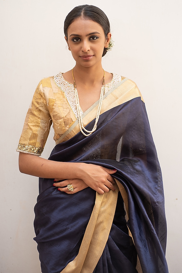 Navy Blue Silk Chanderi Party Wear Saree Set by Priyanka Raajiv at Pernia's Pop Up Shop