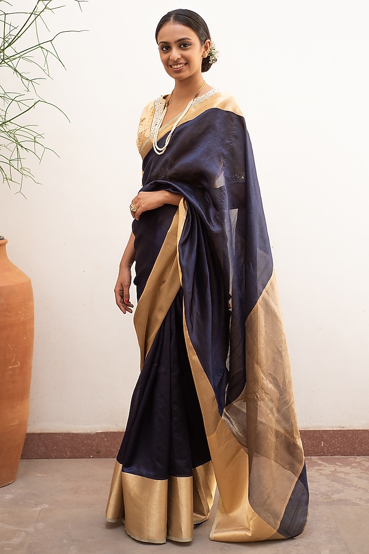 Navy Blue Silk Chanderi Party Wear Saree Set by Priyanka Raajiv at Pernia's Pop Up Shop