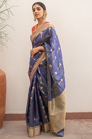 Teal Blue Silk Chanderi Saree Set by Priyanka Raajiv