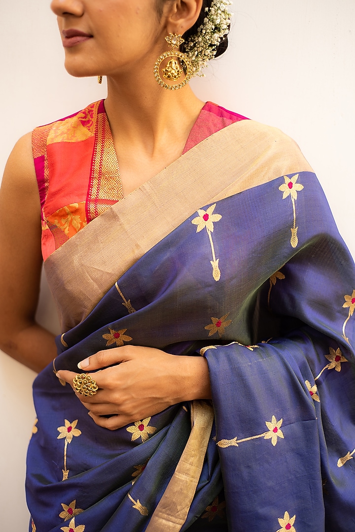 Teal Blue Silk Chanderi Party Wear Saree Set by Priyanka Raajiv at Pernia's Pop Up Shop