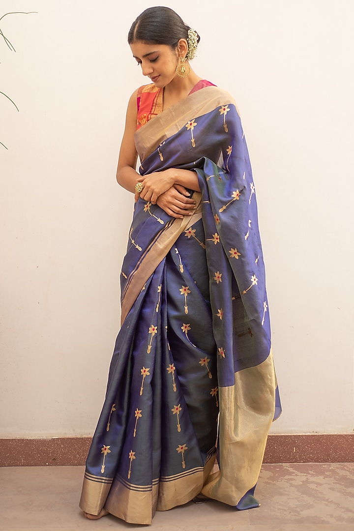 Teal Blue Silk Chanderi Party Wear Saree Set by Priyanka Raajiv at Pernia's Pop Up Shop