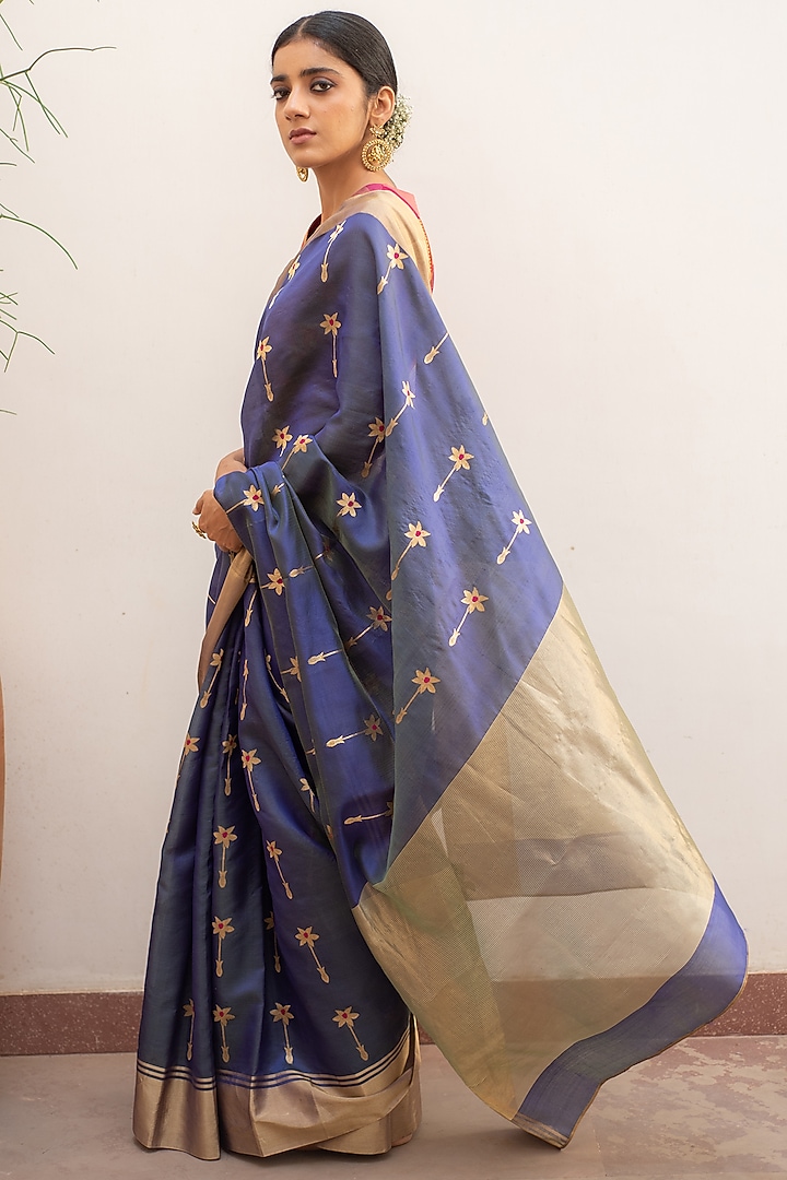 Teal Blue Silk Chanderi Party Wear Saree Set by Priyanka Raajiv at Pernia's Pop Up Shop