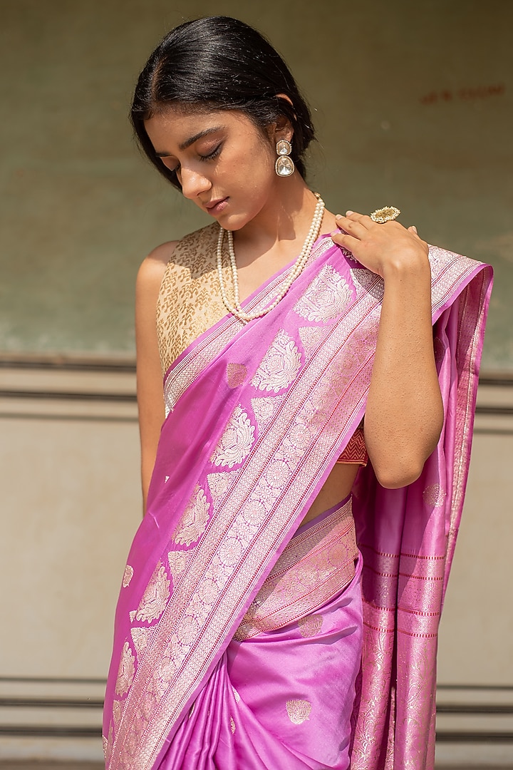 Pink Silk Banarasi Reception Saree Set by Priyanka Raajiv at Pernia's Pop Up Shop