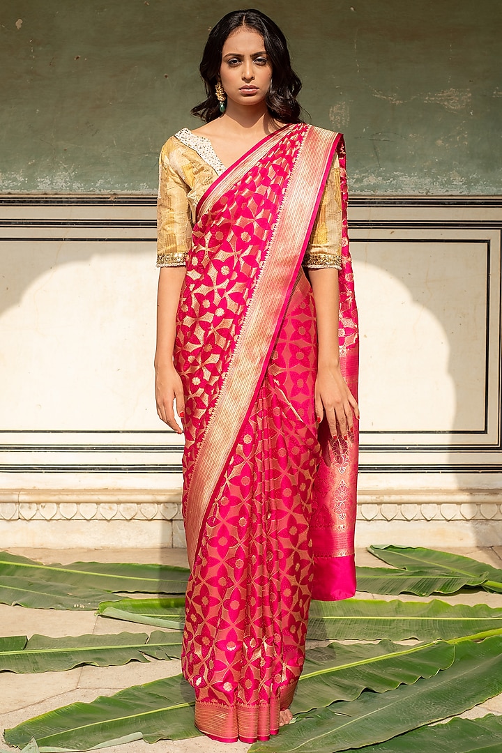 Pink Silk Banarasi Saree Set by Priyanka Raajiv