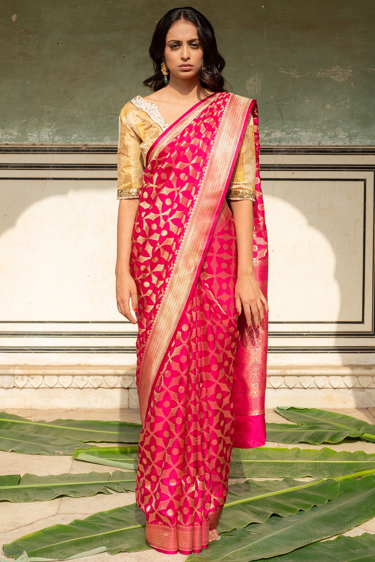 Pink Silk Banarasi Saree Set by Priyanka Raajiv