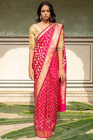 Pink Silk Banarasi Saree Set by Priyanka Raajiv