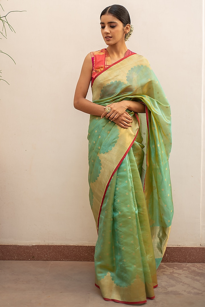 Aqua Green Silk Chanderi Saree Set by Priyanka Raajiv