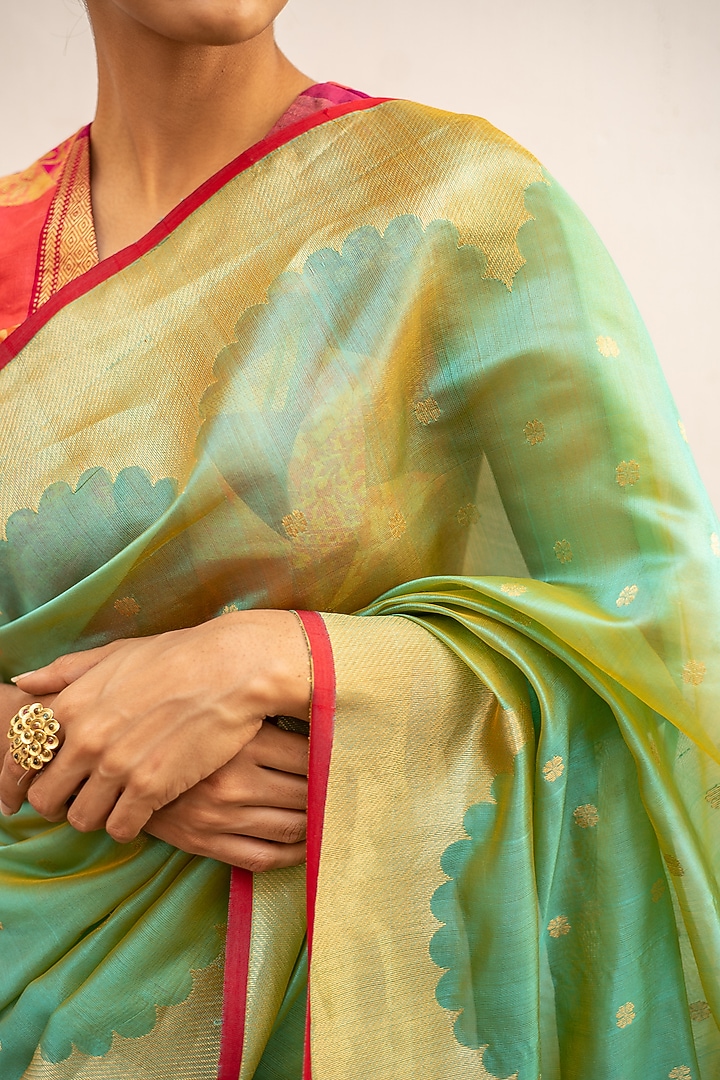 Aqua Green Silk Chanderi Wedding Saree Set by Priyanka Raajiv at Pernia's Pop Up Shop