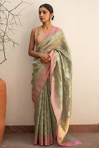 Sage Green Silk Chanderi Saree Set by Priyanka Raajiv