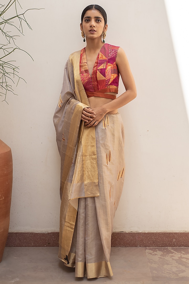 Silver & Gold Chanderi Tissue Silk Saree Set by Priyanka Raajiv