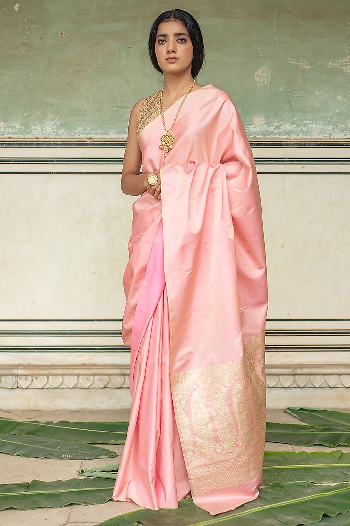Rose Pink Banarasi Silk Mashru Saree Set by Priyanka Raajiv