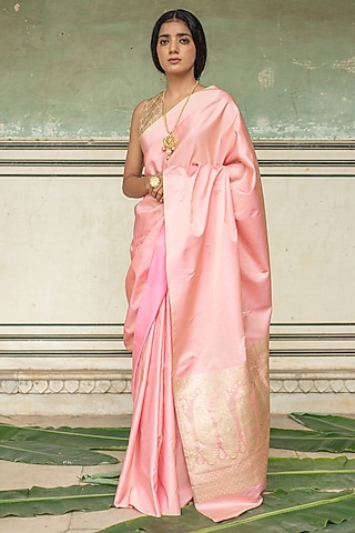 Rose Pink Banarasi Silk Mashru Saree Set by Priyanka Raajiv