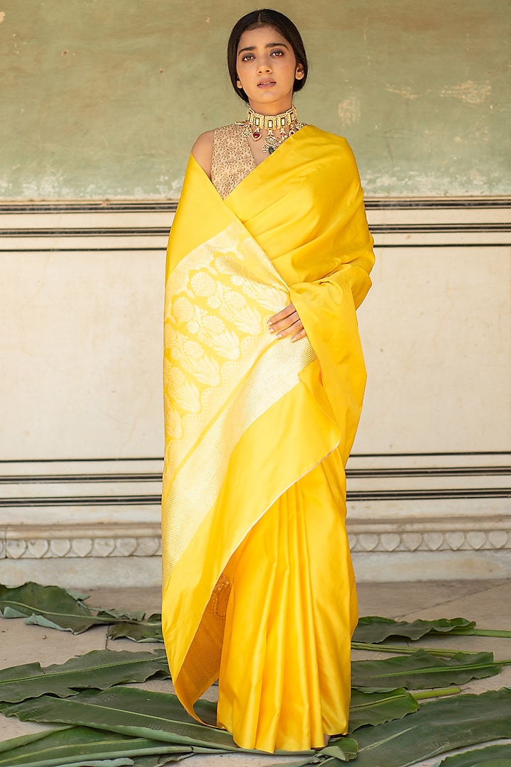 Yellow Banarasi Silk Mashru Saree Set by Priyanka Raajiv