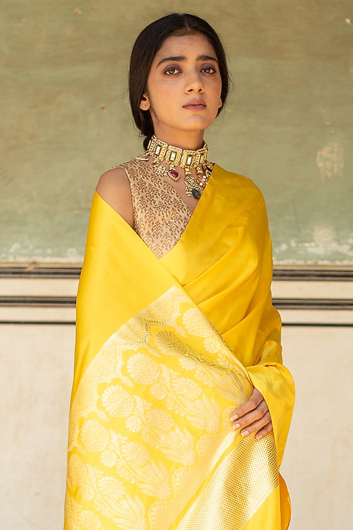 Yellow Banarasi Silk Mashru Wedding Saree Set by Priyanka Raajiv at Pernia's Pop Up Shop