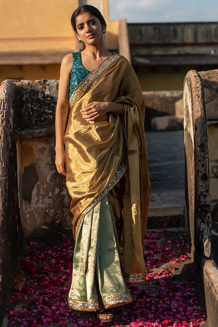 Gold & Green Banarasi Silk Mashru Wedding Saree Set by Priyanka Raajiv at Pernia's Pop Up Shop