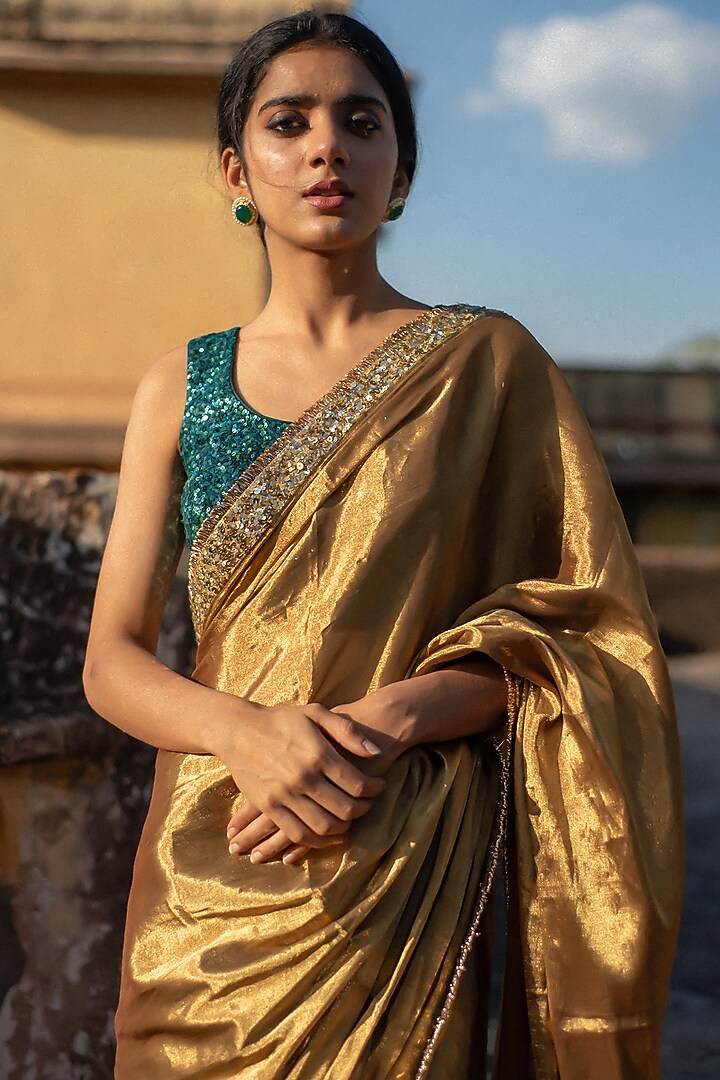 Gold & Green Banarasi Silk Mashru Wedding Saree Set by Priyanka Raajiv at Pernia's Pop Up Shop