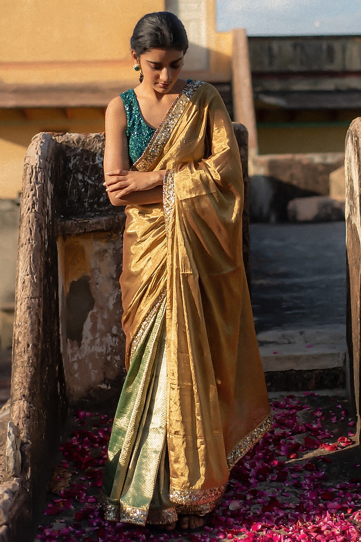 Gold & Green Banarasi Silk Mashru Wedding Saree Set by Priyanka Raajiv at Pernia's Pop Up Shop