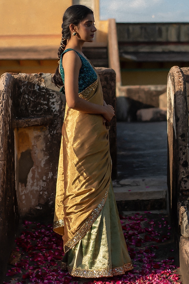 Gold & Green Banarasi Silk Mashru Wedding Saree Set by Priyanka Raajiv at Pernia's Pop Up Shop