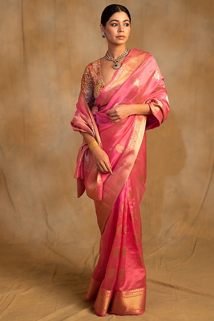 Pink Silk Chanderi Handwoven Party Wear Saree by Priyanka Raajiv at Pernia's Pop Up Shop