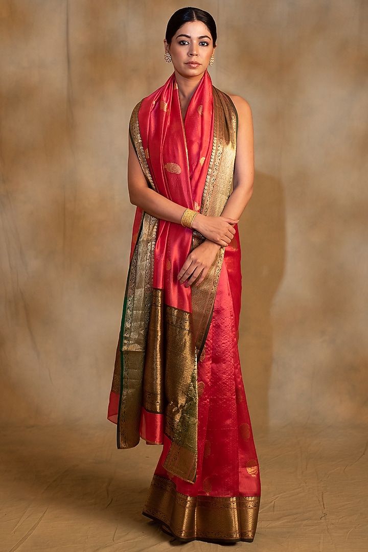 Red Silk Chanderi Handwoven Party Wear Saree by Priyanka Raajiv at Pernia's Pop Up Shop