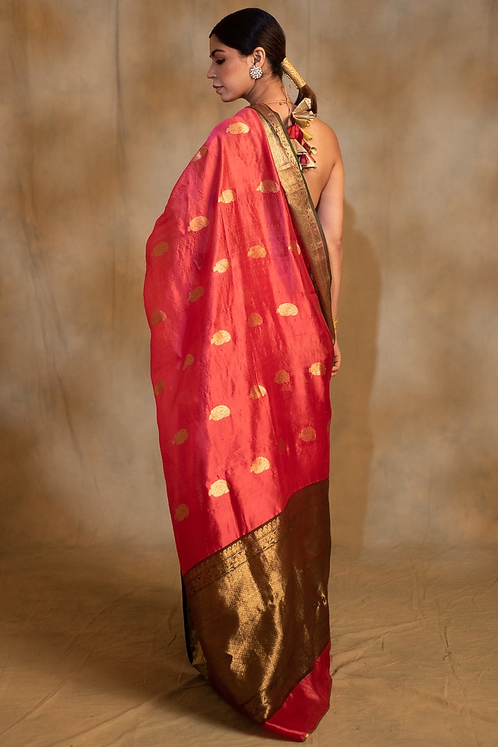 Red Silk Chanderi Handwoven Party Wear Saree by Priyanka Raajiv at Pernia's Pop Up Shop