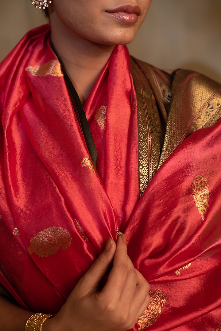 Red Silk Chanderi Handwoven Party Wear Saree by Priyanka Raajiv at Pernia's Pop Up Shop