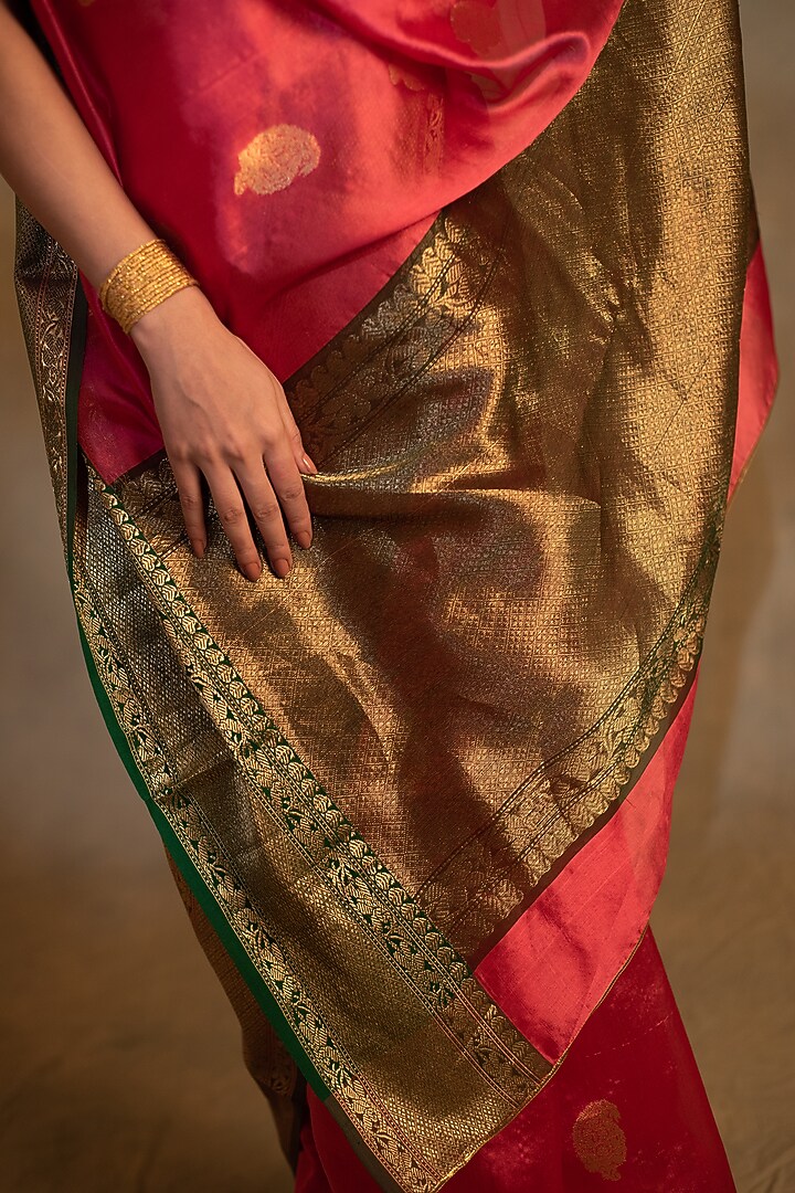 Red Silk Chanderi Handwoven Party Wear Saree by Priyanka Raajiv at Pernia's Pop Up Shop