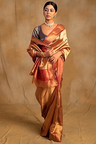 Gold Silk Chanderi Handwoven Saree by Priyanka Raajiv