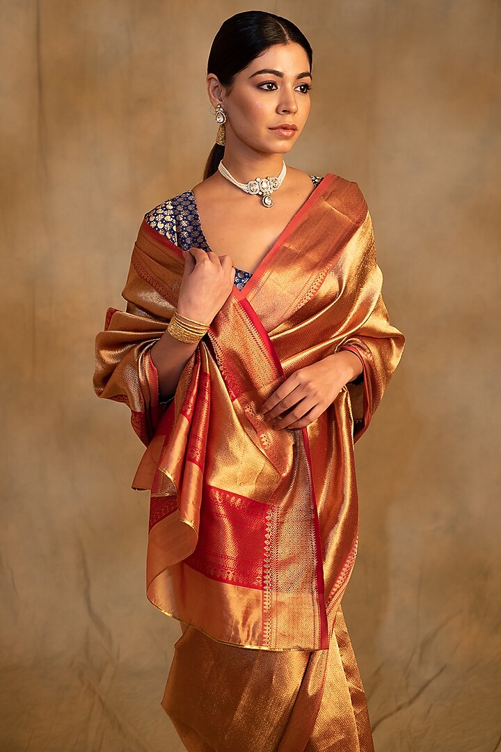 Gold Silk Chanderi Handwoven Wedding Saree by Priyanka Raajiv at Pernia's Pop Up Shop