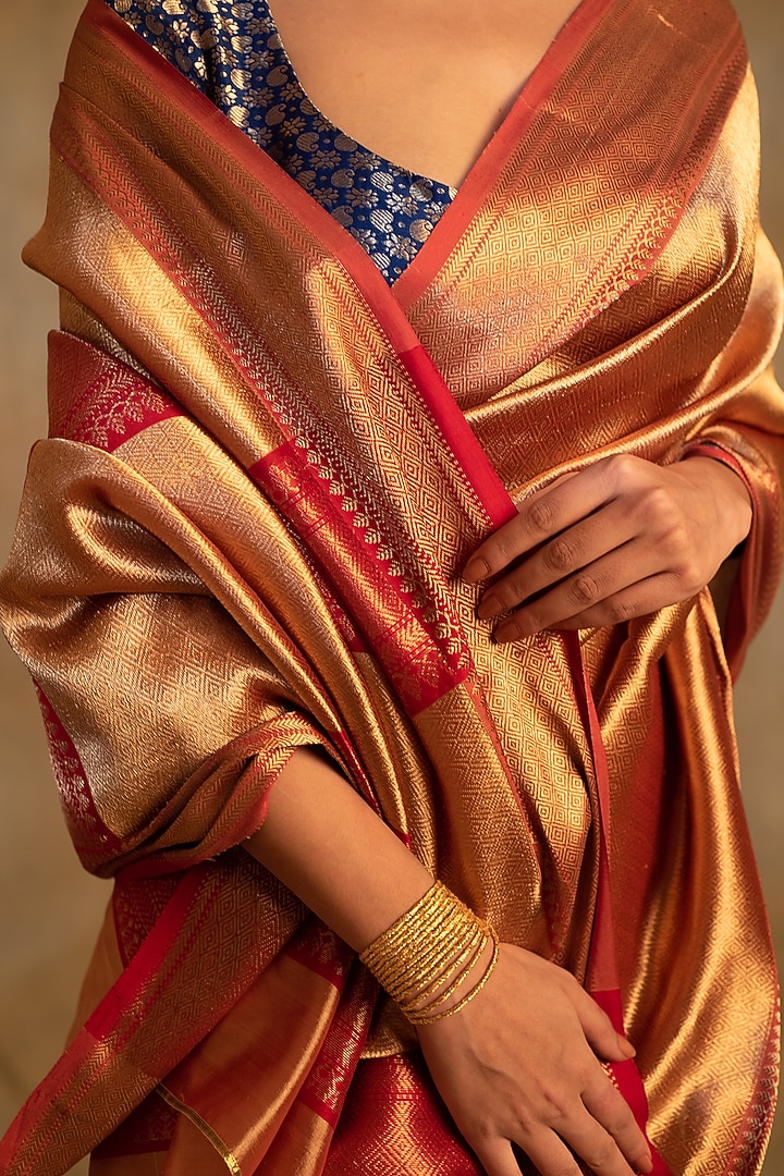 Gold Silk Chanderi Handwoven Wedding Saree by Priyanka Raajiv at Pernia's Pop Up Shop