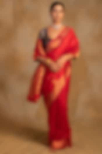 Vermillion Red Silk Chanderi Tissue Handwoven Wedding Saree by Priyanka Raajiv at Pernia's Pop Up Shop