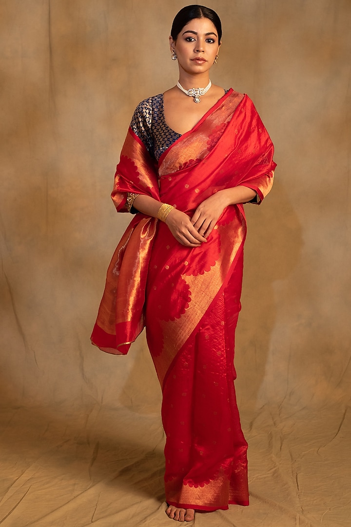 Vermillion Red Silk Chanderi Tissue Handwoven Wedding Saree by Priyanka Raajiv at Pernia's Pop Up Shop