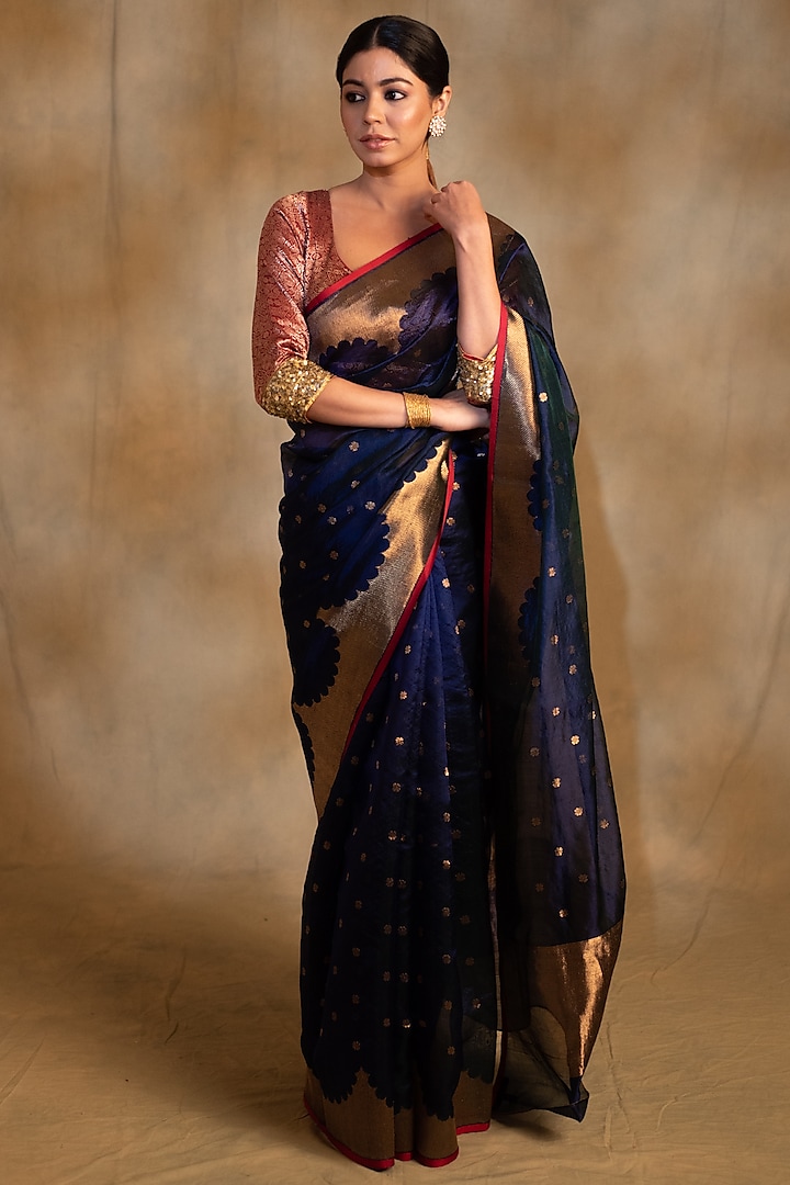 Royal Blue Silk Chanderi Tissue Handwoven Saree by Priyanka Raajiv