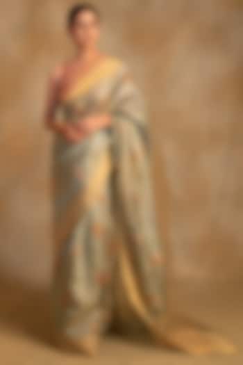 Green & Gold Silk Chanderi Tissue Handwoven Party Wear Saree by Priyanka Raajiv at Pernia's Pop Up Shop