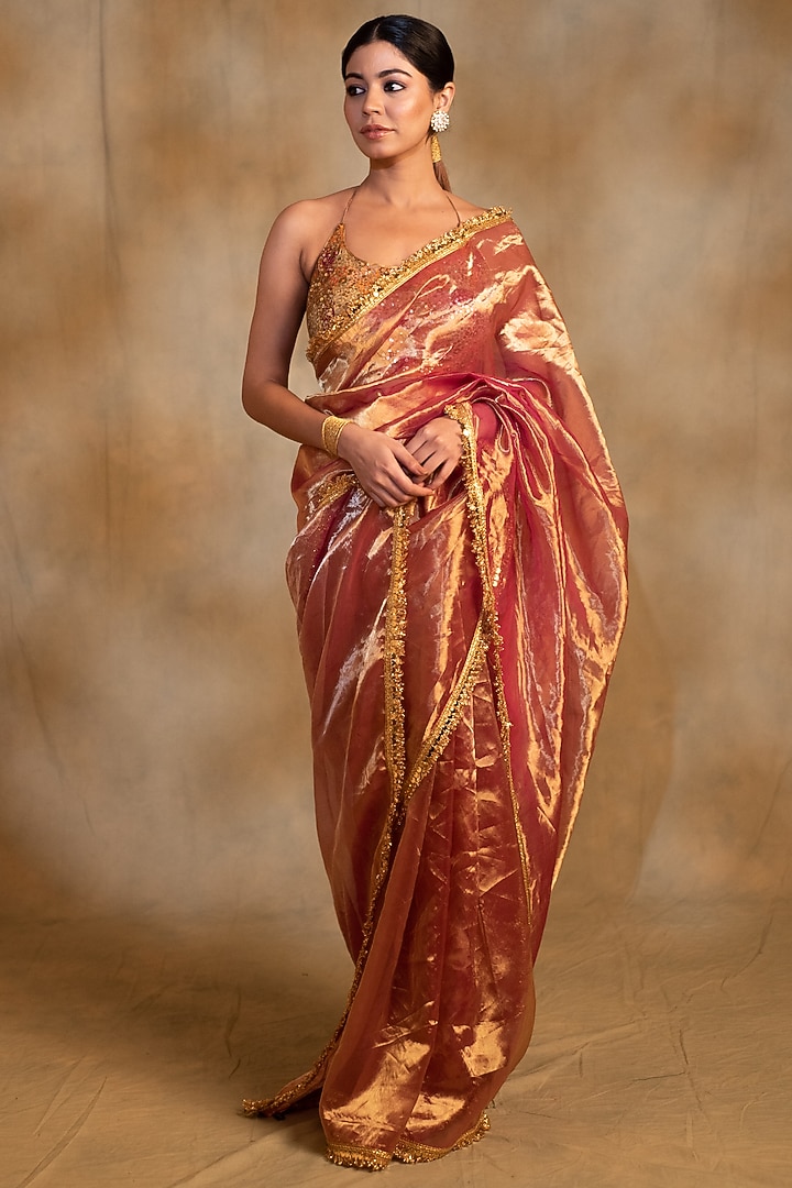 Pink & Gold Silk Chanderi Tissue Handwoven Party Wear Saree by Priyanka Raajiv at Pernia's Pop Up Shop