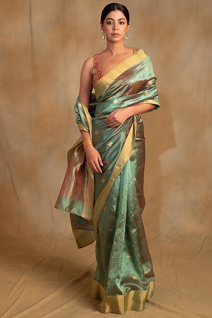 Persian Green Silk Chanderi Tissue Handwoven Party Wear Saree by Priyanka Raajiv at Pernia's Pop Up Shop