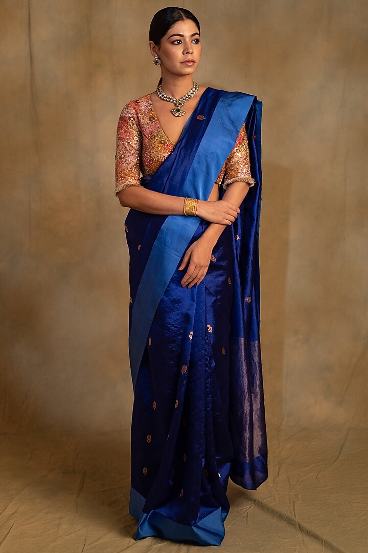 Cobalt Blue Silk Banarasi Handwoven Party Wear Saree by Priyanka Raajiv at Pernia's Pop Up Shop