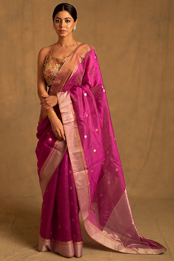 Periwinkle Pink Silk Chanderi Tissue Handwoven Party Wear Saree by Priyanka Raajiv at Pernia's Pop Up Shop