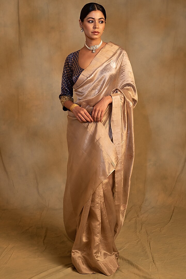 Beige Silk Chanderi Tissue Handwoven Party Wear Saree by Priyanka Raajiv at Pernia's Pop Up Shop