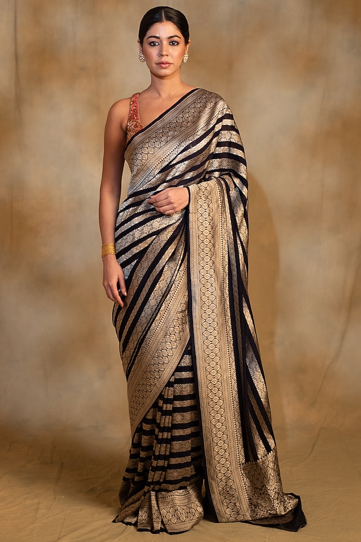 Navy Blue Silk Georgette Banarasi Handwoven Party Wear Saree by Priyanka Raajiv at Pernia's Pop Up Shop