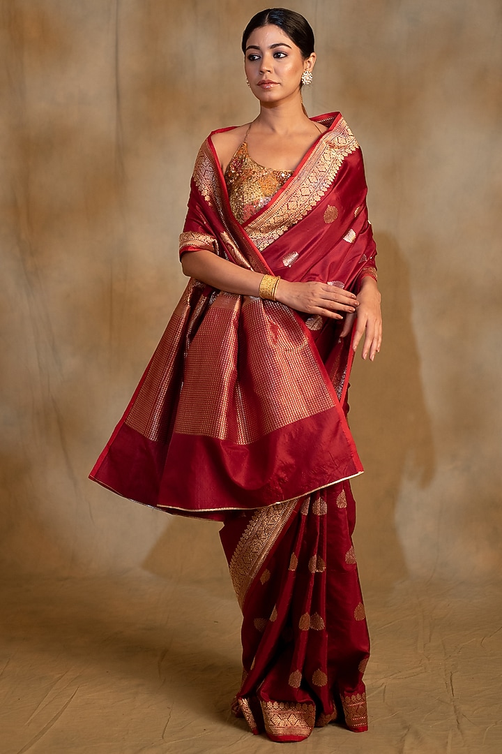 Maroon Silk Brocade Banarasi Handwoven Wedding Saree by Priyanka Raajiv at Pernia's Pop Up Shop