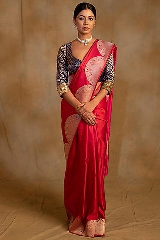 Red-Pink Silk Mashru Banarasi Brocade Handwoven Saree by Priyanka Raajiv