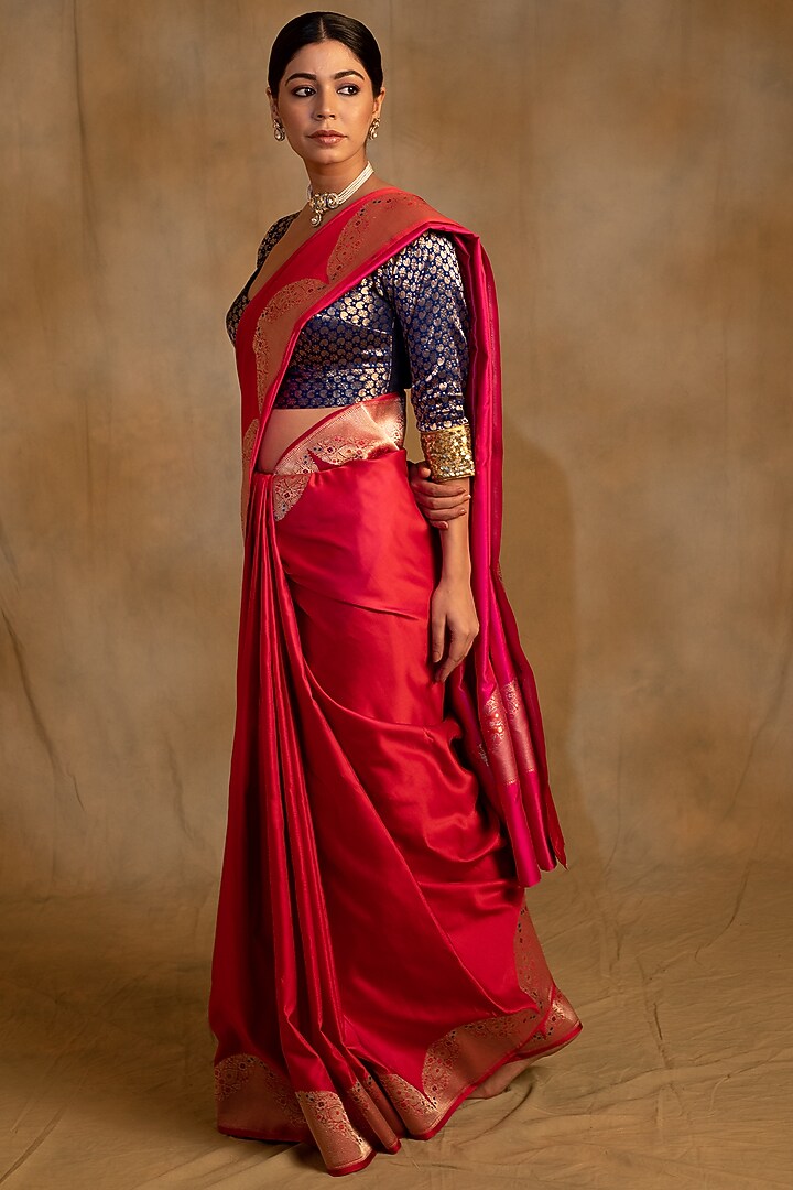 Red-Pink Silk Mashru Banarasi Brocade Handwoven Wedding Saree by Priyanka Raajiv at Pernia's Pop Up Shop