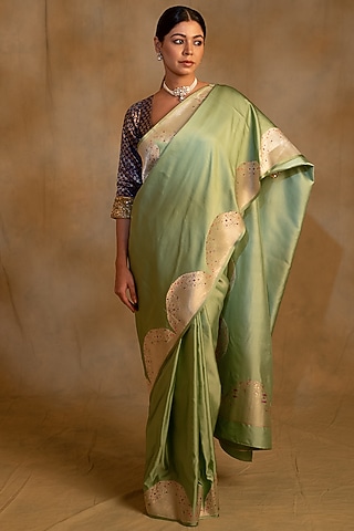 Sage Green Silk Mashru Banarasi Brocade Handwoven Saree by Priyanka Raajiv