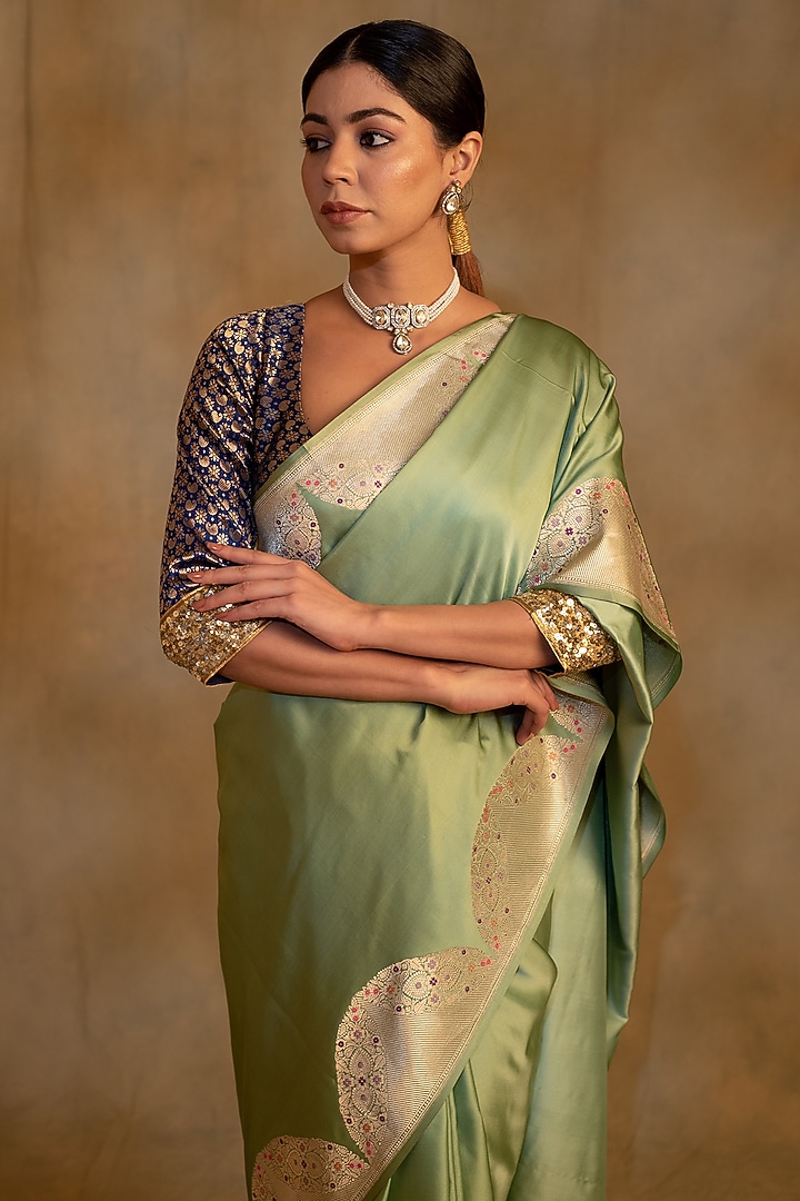 Sage Green Silk Mashru Banarasi Brocade Handwoven Wedding Saree by Priyanka Raajiv at Pernia's Pop Up Shop