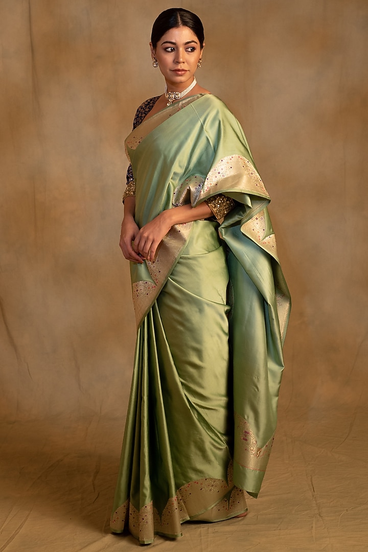 Sage Green Silk Mashru Banarasi Brocade Handwoven Wedding Saree by Priyanka Raajiv at Pernia's Pop Up Shop