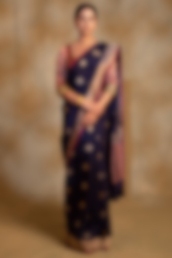 Navy Blue Silk Brocade Banarasi Handwoven Wedding Saree by Priyanka Raajiv at Pernia's Pop Up Shop