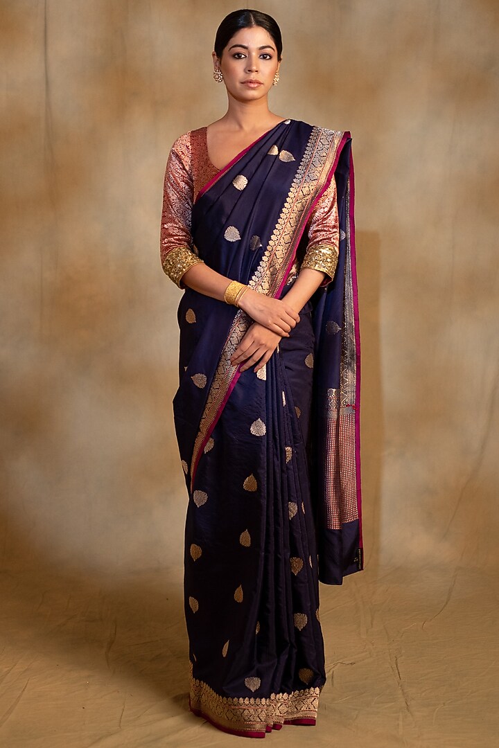 Navy Blue Silk Brocade Banarasi Handwoven Wedding Saree by Priyanka Raajiv at Pernia's Pop Up Shop