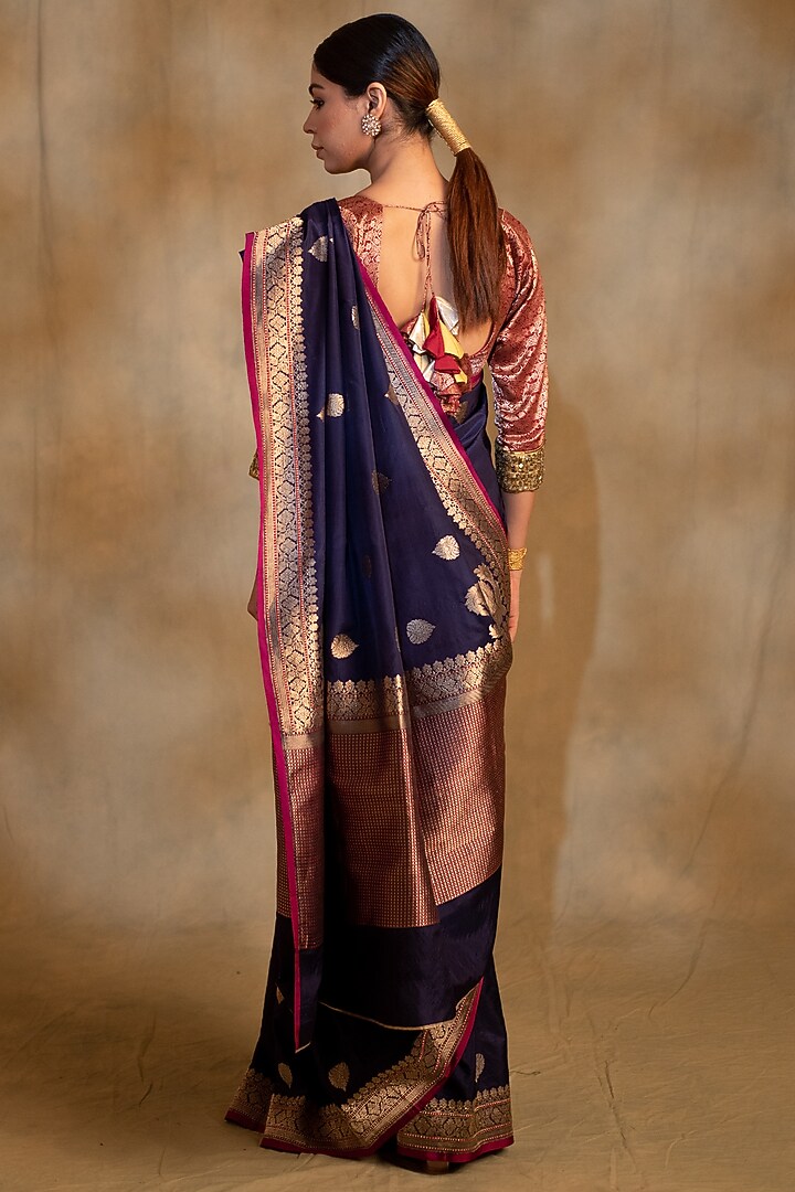 Navy Blue Silk Brocade Banarasi Handwoven Wedding Saree by Priyanka Raajiv at Pernia's Pop Up Shop