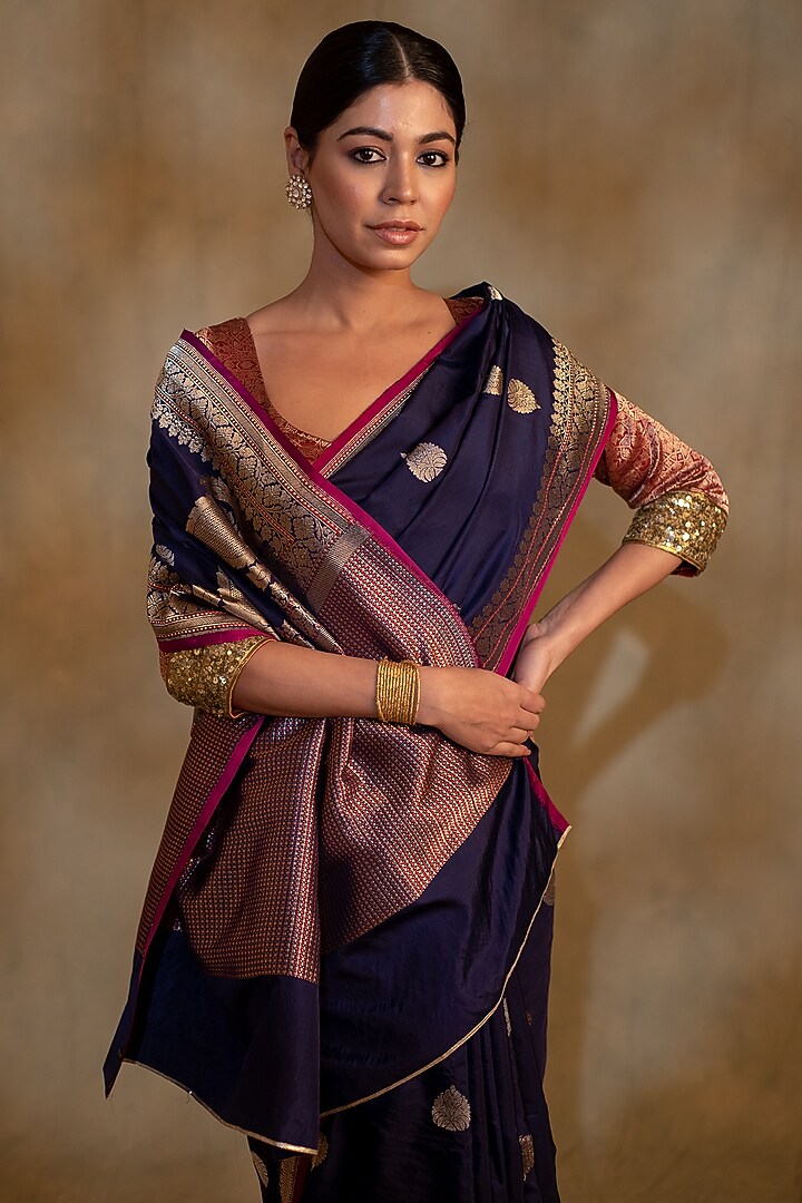 Navy Blue Silk Brocade Banarasi Handwoven Wedding Saree by Priyanka Raajiv at Pernia's Pop Up Shop